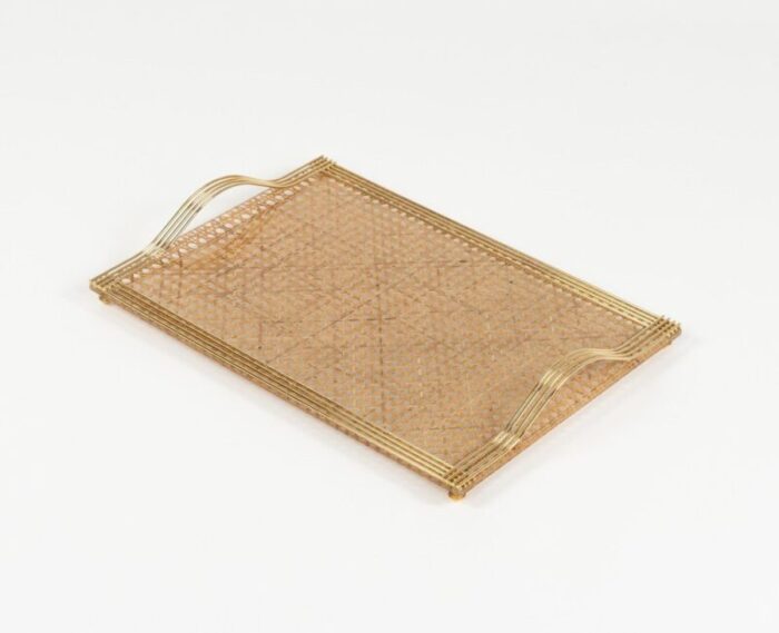 serving tray in acrylic glass rattan and brass in the style of christian dior italy 1970s 2