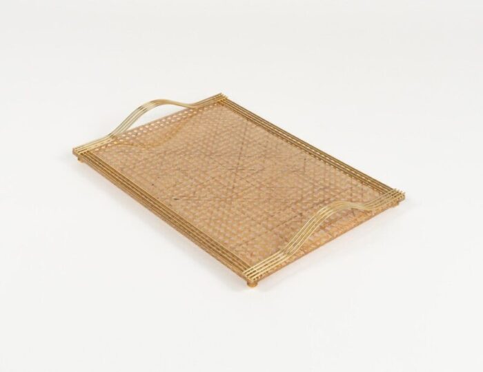 serving tray in acrylic glass rattan and brass in the style of christian dior italy 1970s 3