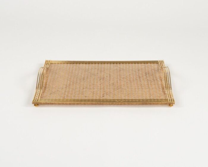 serving tray in acrylic glass rattan and brass in the style of christian dior italy 1970s 5