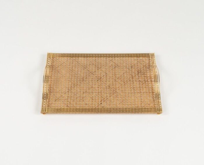 serving tray in acrylic glass rattan and brass in the style of christian dior italy 1970s 6