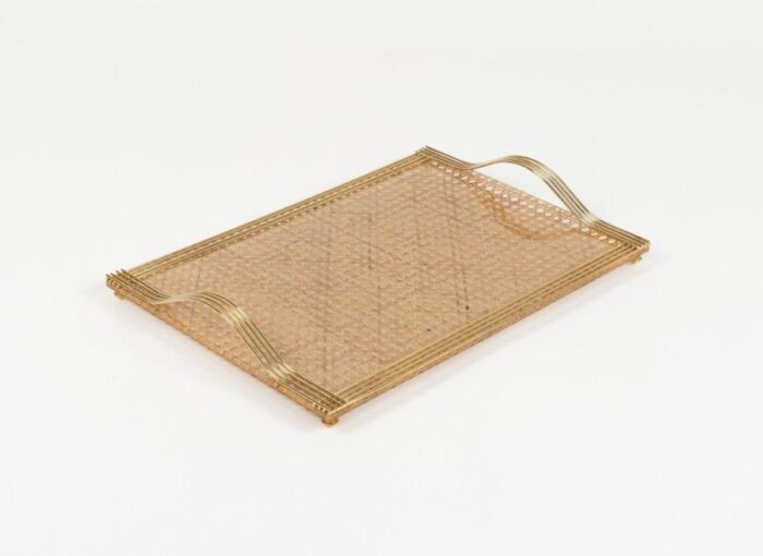 serving tray in acrylic glass rattan and brass in the style of christian dior italy 1970s 7