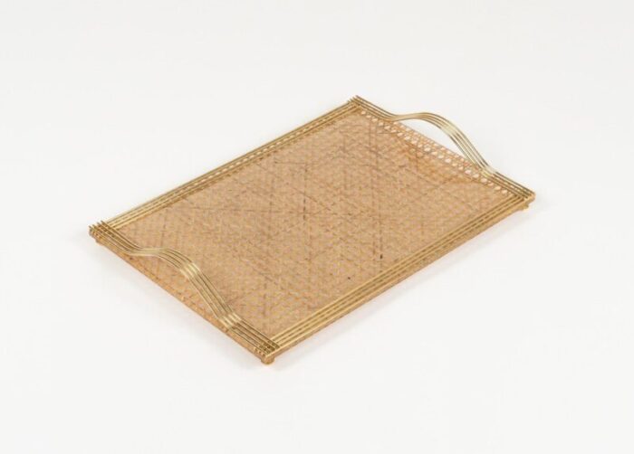 serving tray in acrylic glass rattan and brass in the style of christian dior italy 1970s 8