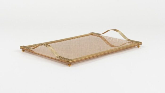 serving tray in acrylic glass rattan and brass in the style of christian dior italy 1970s 9