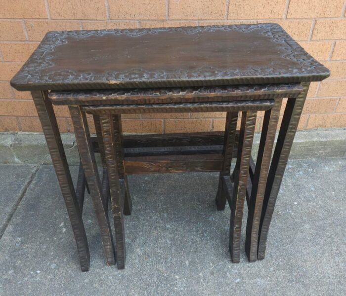 set of 3 jacobean style hancrafted carved walnut nesting tables 0308