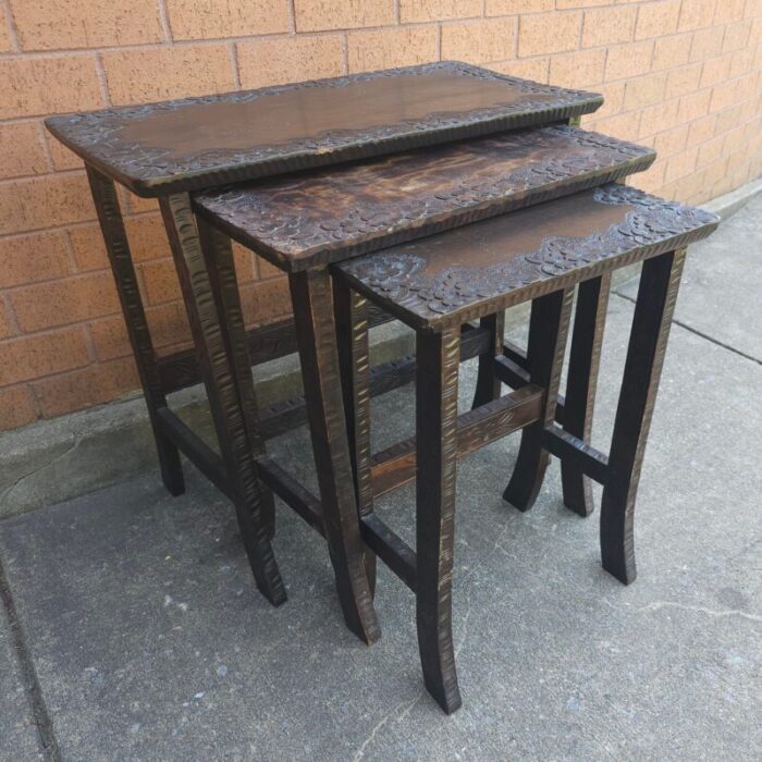 set of 3 jacobean style hancrafted carved walnut nesting tables 2448