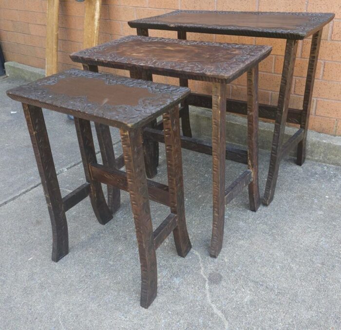 set of 3 jacobean style hancrafted carved walnut nesting tables 4857