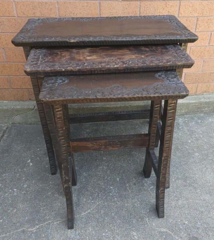 set of 3 jacobean style hancrafted carved walnut nesting tables 7379