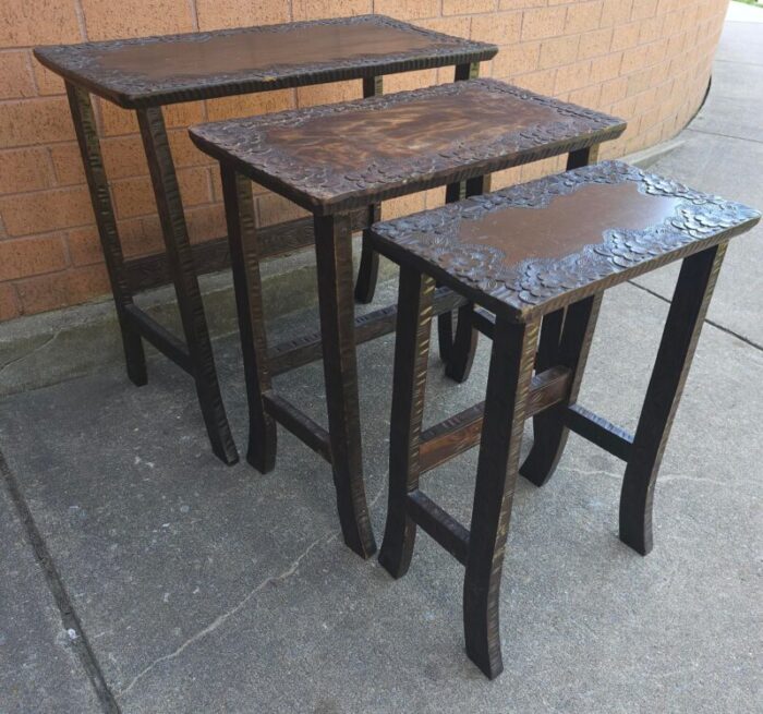 set of 3 jacobean style hancrafted carved walnut nesting tables 9460