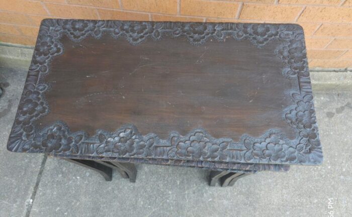 set of 3 jacobean style hancrafted carved walnut nesting tables 9908