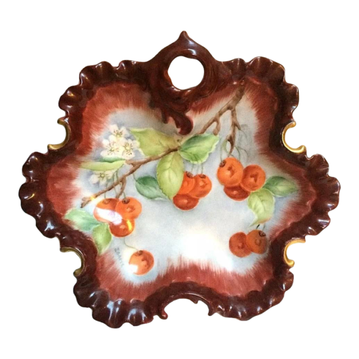 signed antique hand painted cherries cabinet bowl 0399