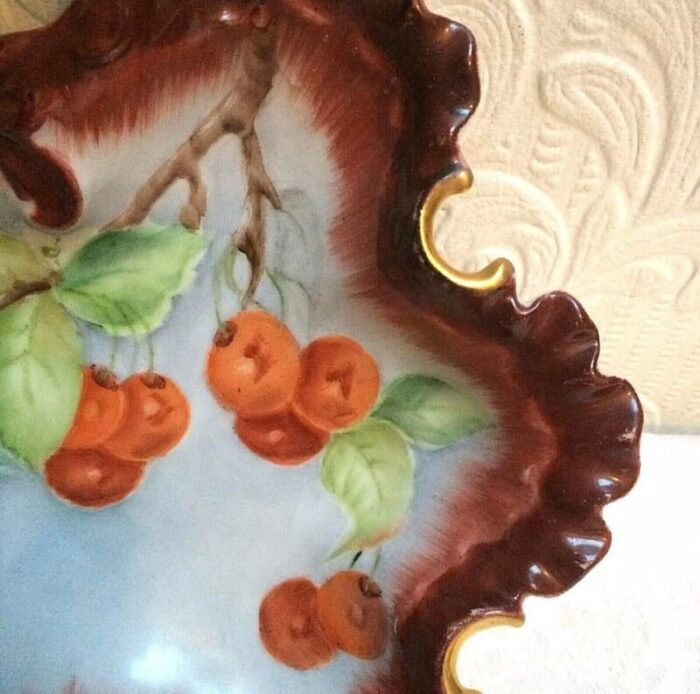 signed antique hand painted cherries cabinet bowl 1118