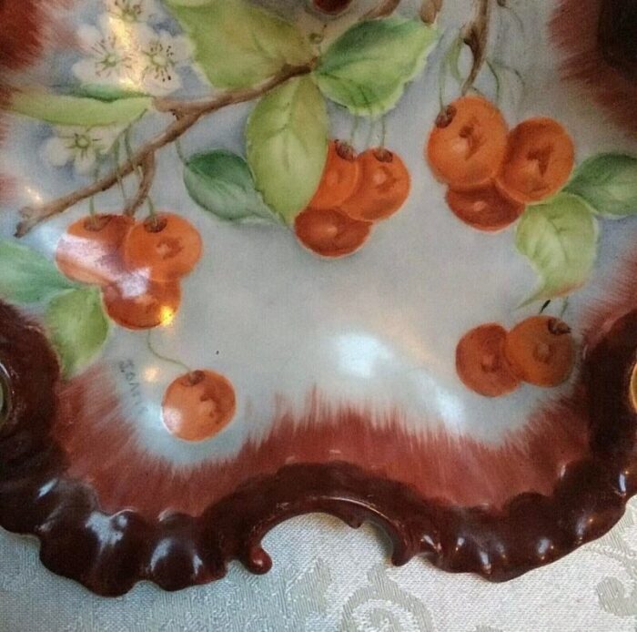 signed antique hand painted cherries cabinet bowl 5835