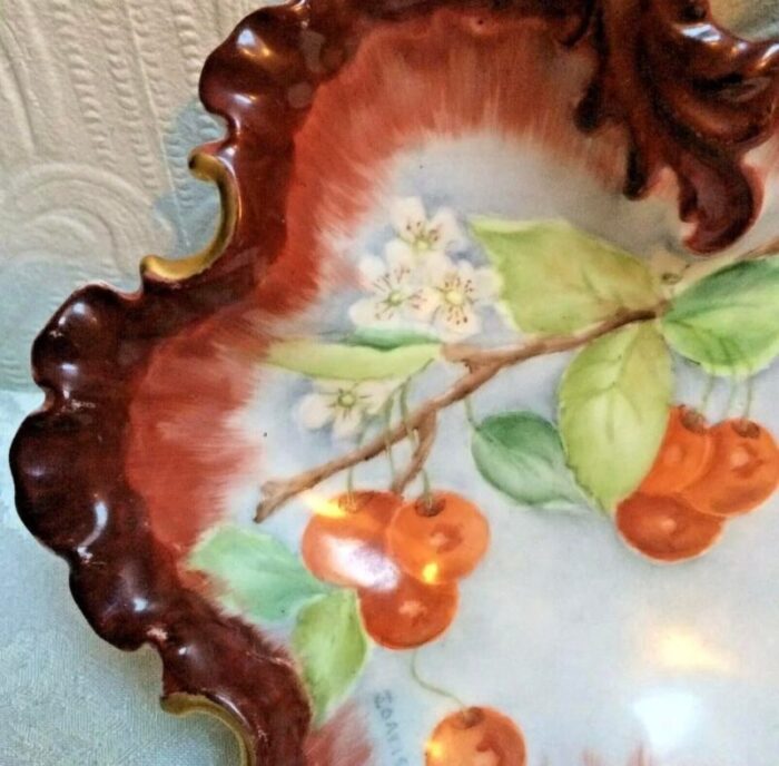 signed antique hand painted cherries cabinet bowl 7012