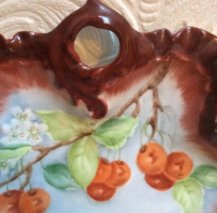 signed antique hand painted cherries cabinet bowl 8258