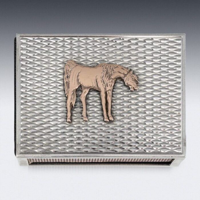 silver cigarette box matchbox with gold horse detail from hermes 1960s set of 2 13