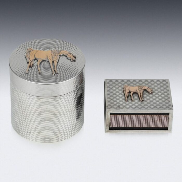 silver cigarette box matchbox with gold horse detail from hermes 1960s set of 2 15