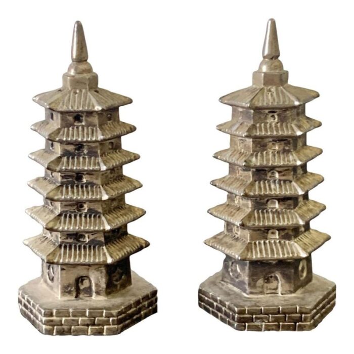 silver godinger chinoiserie pagoda salt and pepper shakers 1970s set of 2 1