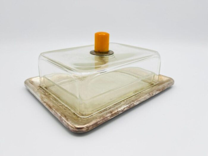 silver plated butter dish with glass insert and glass lid with bakelite handle 1