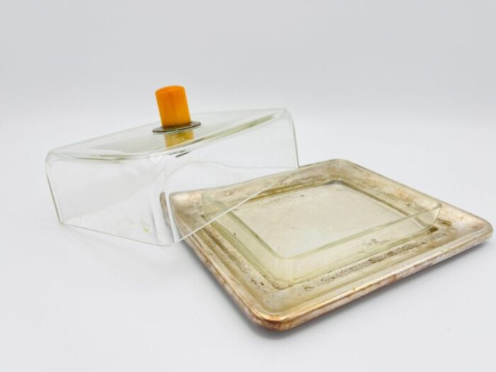 silver plated butter dish with glass insert and glass lid with bakelite handle 2