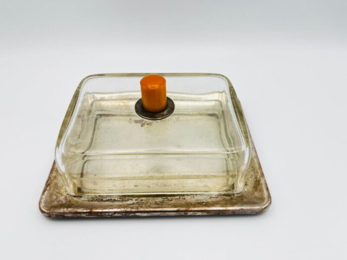 silver plated butter dish with glass insert and glass lid with bakelite handle 5