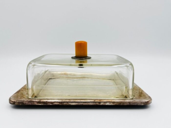 silver plated butter dish with glass insert and glass lid with bakelite handle 6