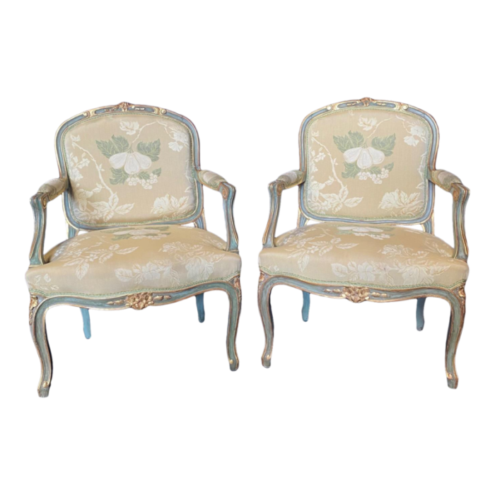 st tropez painted and silk french louis xv style bergere armchairs a pair 2723