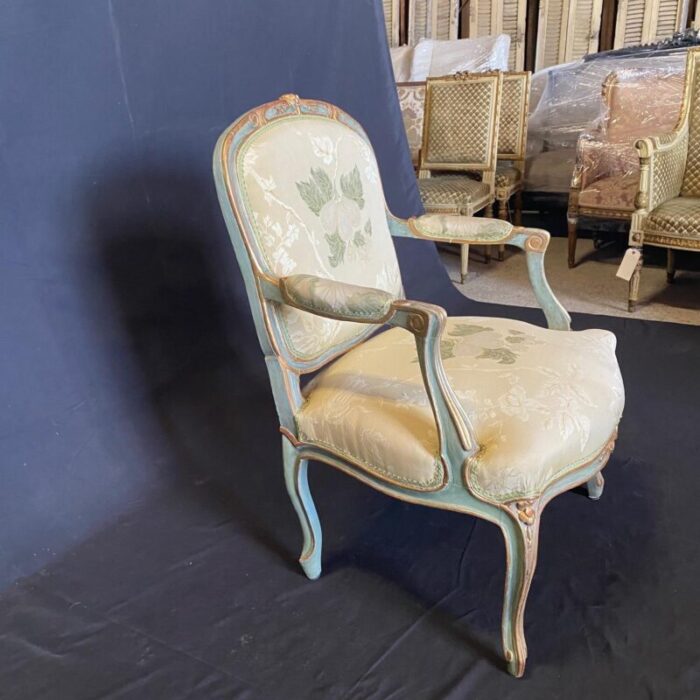 st tropez painted and silk french louis xv style bergere armchairs a pair 4387