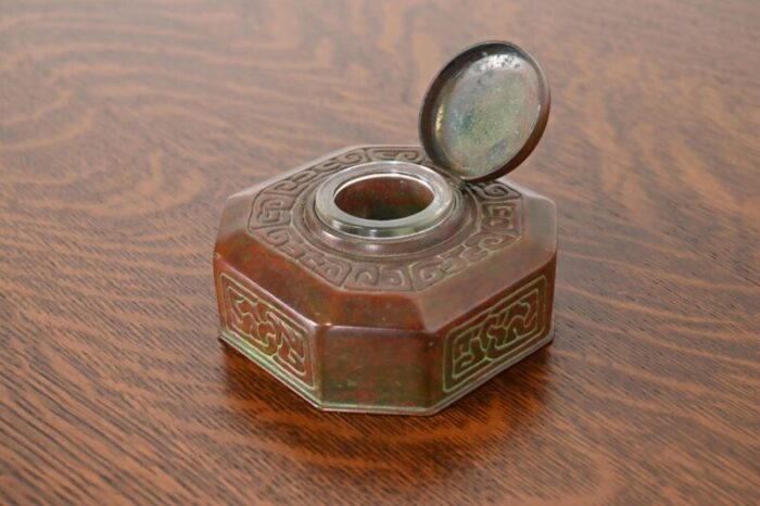 tiffany studios new york zodiac patinated bronze inkwell circa 1910 3197