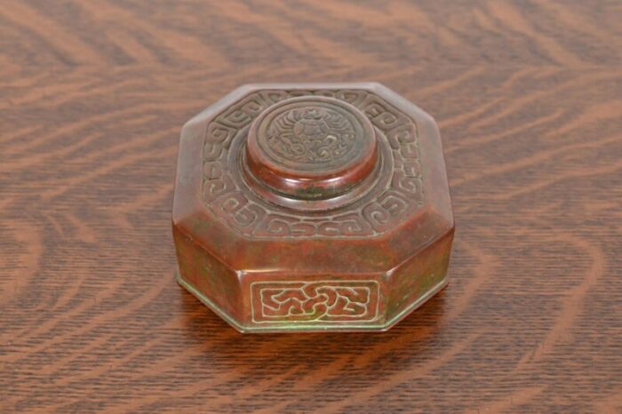 tiffany studios new york zodiac patinated bronze inkwell circa 1910 9164