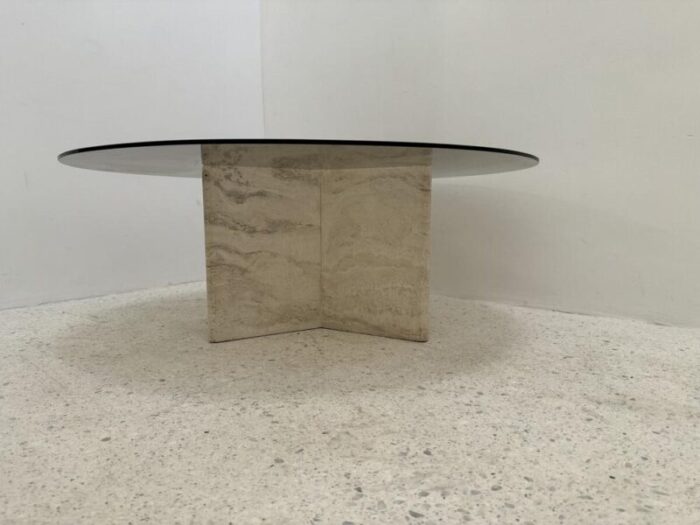 travertine and smoked glass side table italy 1980s 0794