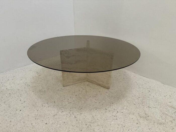 travertine and smoked glass side table italy 1980s 4114