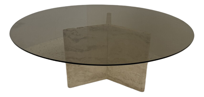 travertine and smoked glass side table italy 1980s 4723