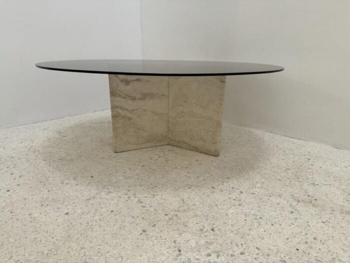 travertine and smoked glass side table italy 1980s 6568