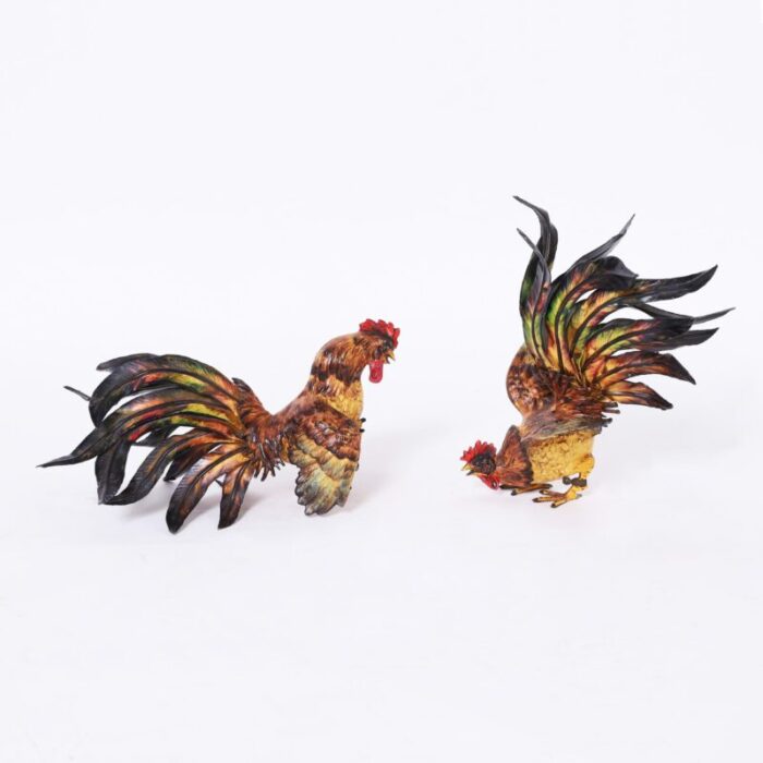 two vintage painted metal roosters or fighting cocks 2877