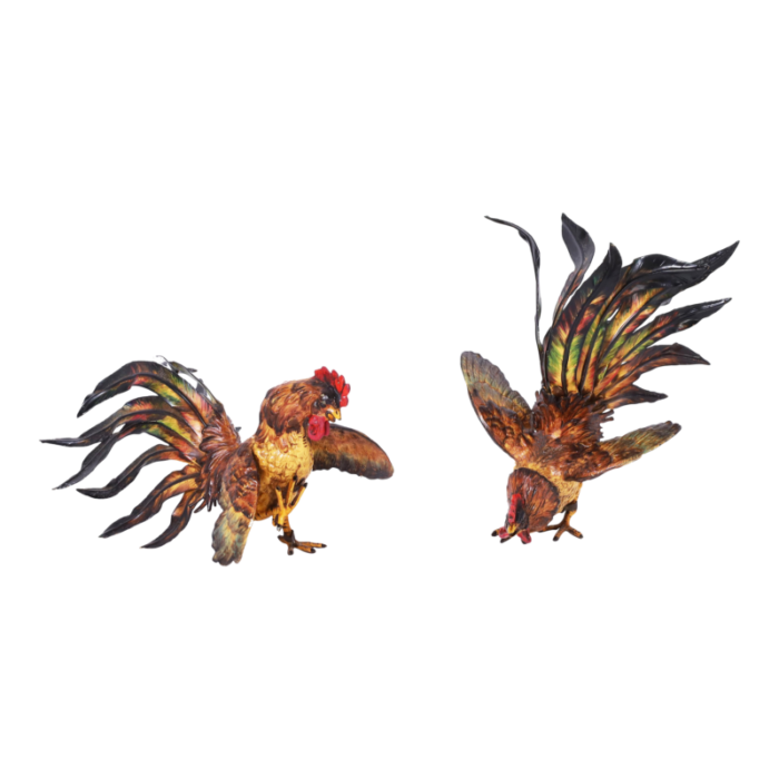 two vintage painted metal roosters or fighting cocks 4005