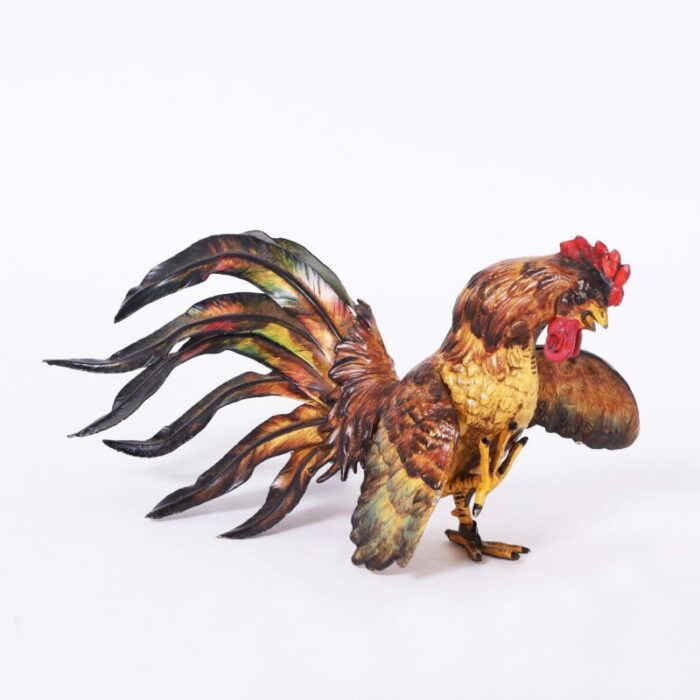 two vintage painted metal roosters or fighting cocks 7758