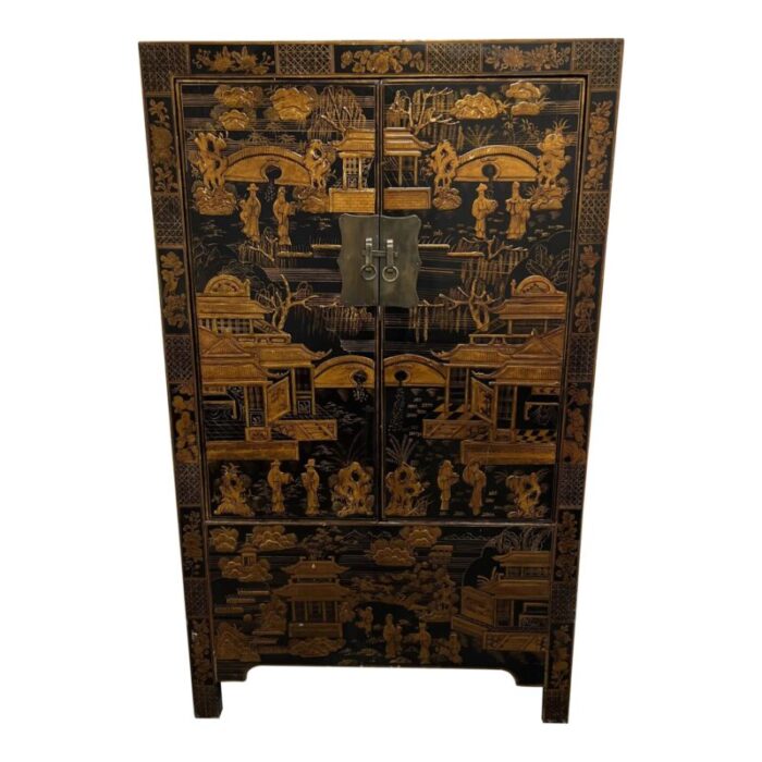 vintage black golden landscape wedding chest armoire 5796