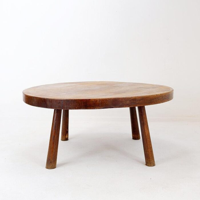 vintage brutalist round oak coffee table 1341