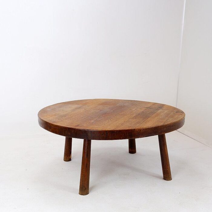 vintage brutalist round oak coffee table 3746