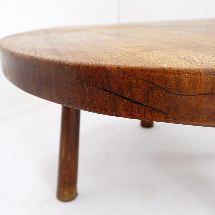 vintage brutalist round oak coffee table 9135