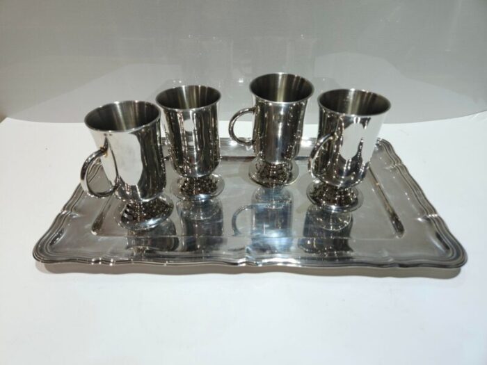 vintage chrome mugs set with service tray 5 pieces 0534