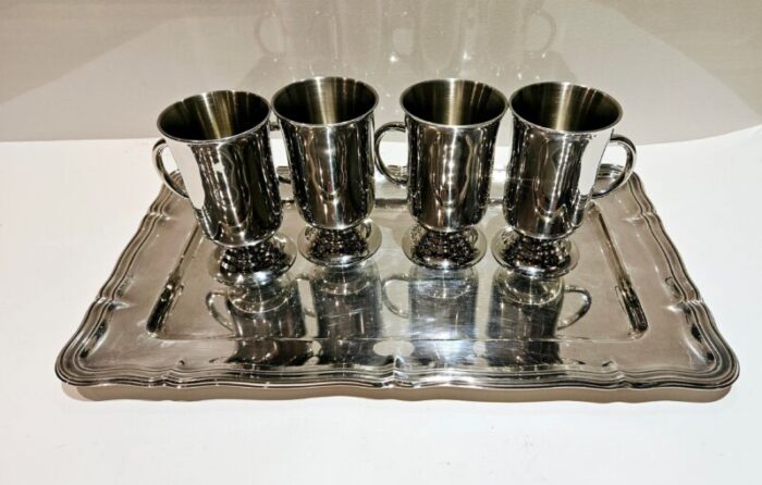 vintage chrome mugs set with service tray 5 pieces 5745