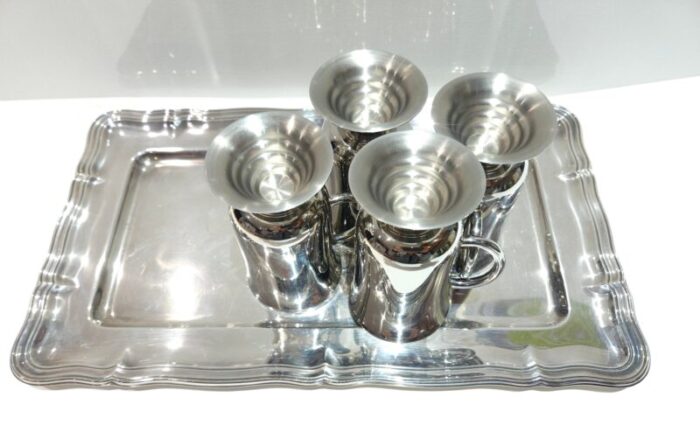 vintage chrome mugs set with service tray 5 pieces 9945