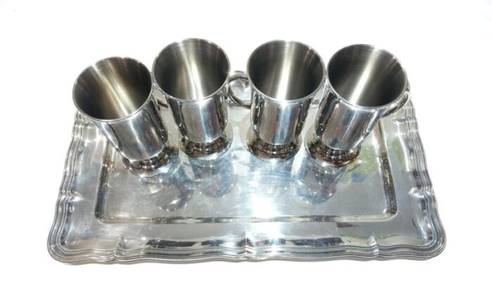 vintage chrome mugs set with service tray 5 pieces 9985