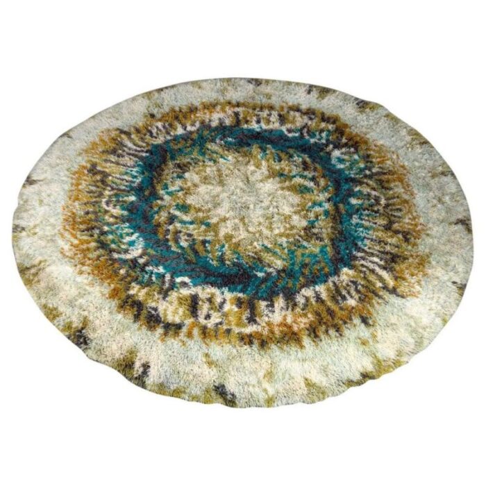 vintage circular beige brown and turquoise wool rya rug 1970s 0971