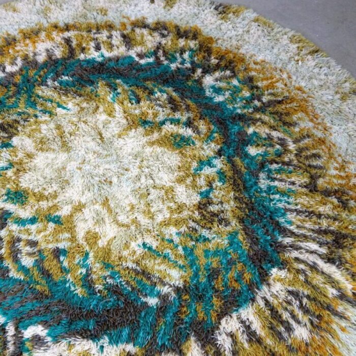 vintage circular beige brown and turquoise wool rya rug 1970s 1101