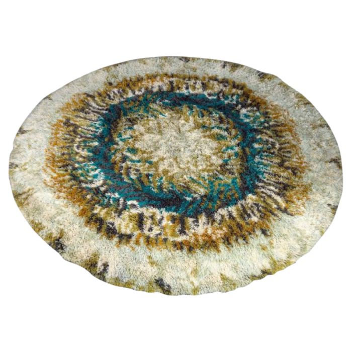 vintage circular beige brown and turquoise wool rya rug 1970s 3335