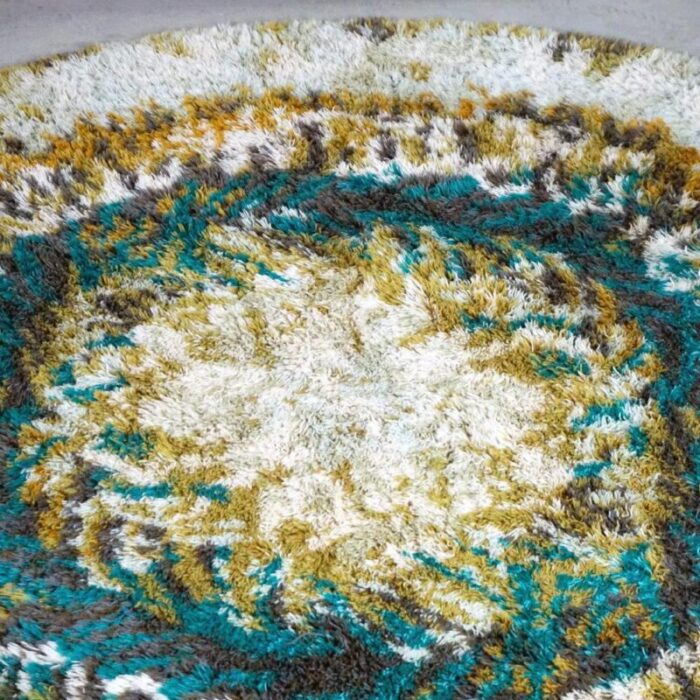 vintage circular beige brown and turquoise wool rya rug 1970s 3363