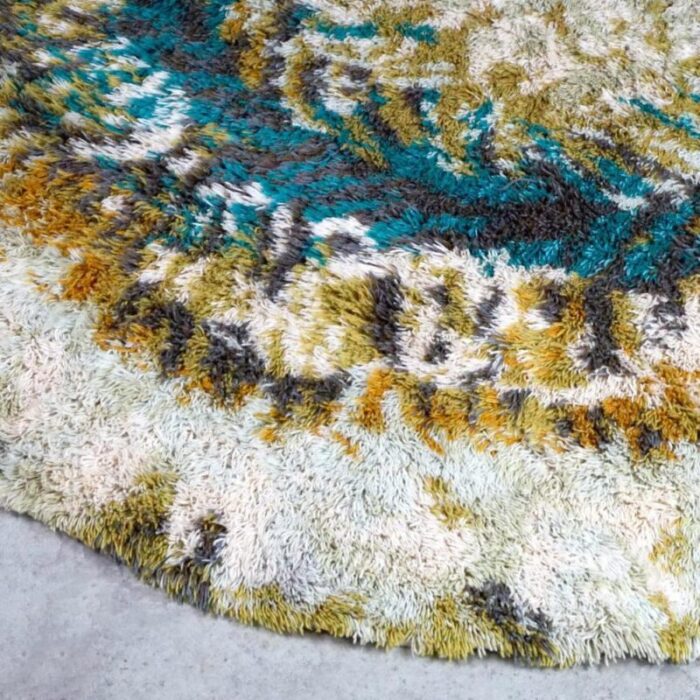 vintage circular beige brown and turquoise wool rya rug 1970s 7675