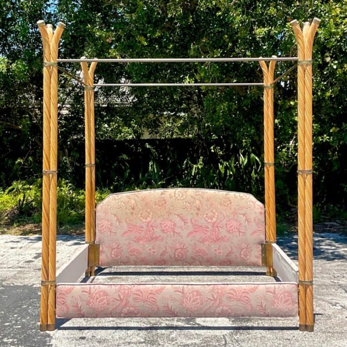 vintage coastal twisted pencil reed and brass king canopy bed 6074